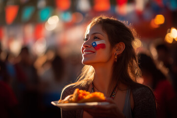 Joyful woman with a Chilean flag face paint celebrating Día de la Independencia de Chile, enjoying traditional food at a festive gathering with beautiful bokeh lights.