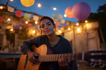 A beautiful young woman plays the guitar during an evening celebration for Día de la Independencia de Chile, with festive lanterns and lights creating a warm, magical ambiance.
