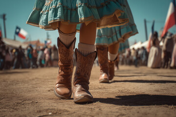 A low-angle shot of dancers in cowboy boots and traditional dresses during a vibrant folk festival celebrating the Día de la Independencia de Chile with joy and patriotism.