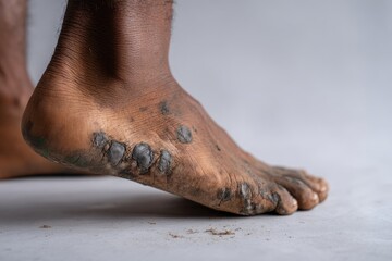 Dark-skinned person's dirty feet,  showing rough, dark spots