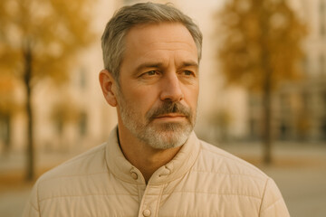 Fototapeta premium Mature man with salt and pepper hair in beige jacket standing outdoors in autumn, thoughtful facial expression, golden light