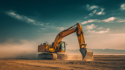 Excavator digging in sandy terrain under blue sky