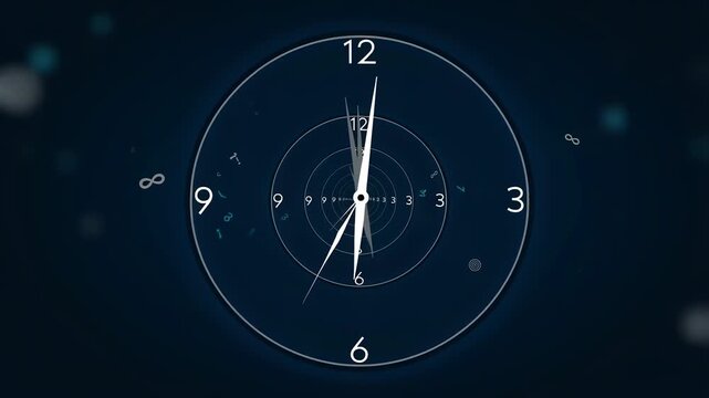 Minimal vector animation of an infinite clock face rotating inward, clock hands loop in spirals, background fades in and out of blurred dots, symbols like infinity, question mark and spiral appear 
