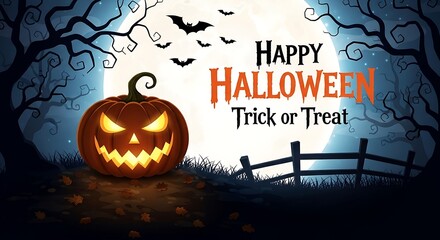 Happy halloween trick or treat with a glowing jackolantern under the full moon