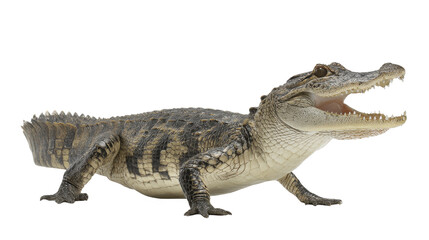 Juvenile alligator with open mouth and sharp teeth on a pure white background