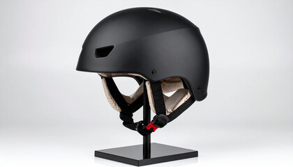 Fototapeta premium Black bicycle helmet on a stand with a plain white background