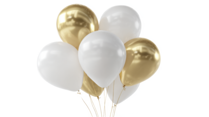 Elegant group of white and golden shiny helium balloons floating for celebration event