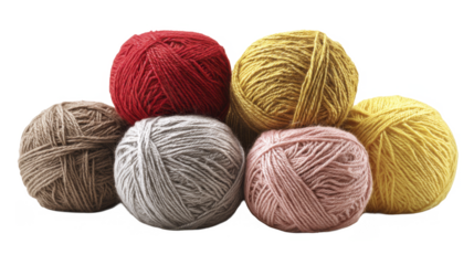 Colorful assorted yarn balls for knitting and crafting projects on a white background