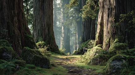 A sunlit path winds through colossal trees in a mossy forest, light filtering down