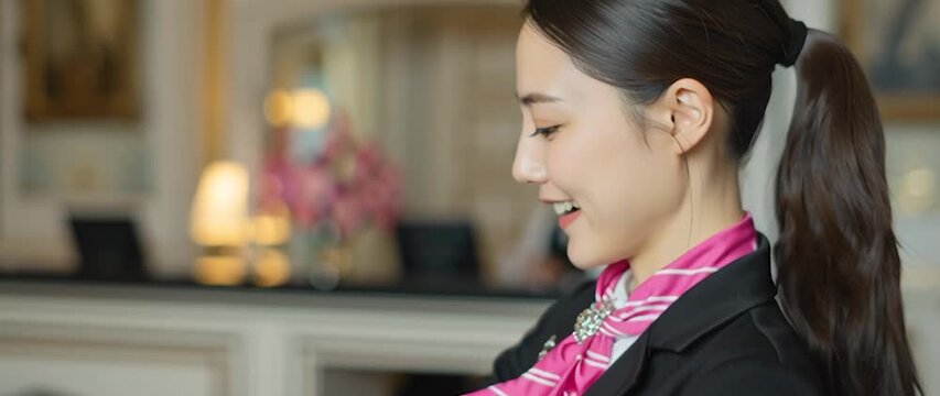 Anamorphic video friendly and professional portrait of a young Asian woman in a hotel or hospitality uniform. Her expression is warm and welcoming. 