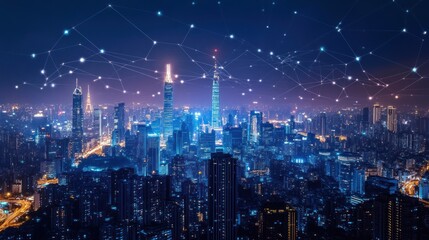 Obraz premium futuristic network city landscape showcasing connected infrastructures and communication technologies reflecting global connectivity and advanced data transmission in urban settings