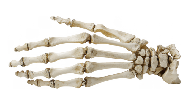 Human hand skeleton bone model isolated on a transparent background, detailed anatomical PNG image, medical educational PNG file for study.