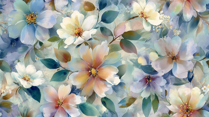 Floral fabric print in pastel tones with white and colorful flowers on a blue background, copy space
