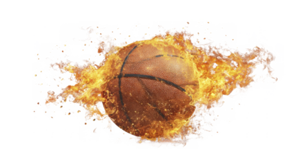 Dynamic Basketball Ball Engulfed in Orange Fire and Sparks on a Transparent Background PNG Image