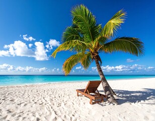 Fototapeta premium Tropical beach scene with palm tree and chaise lounge