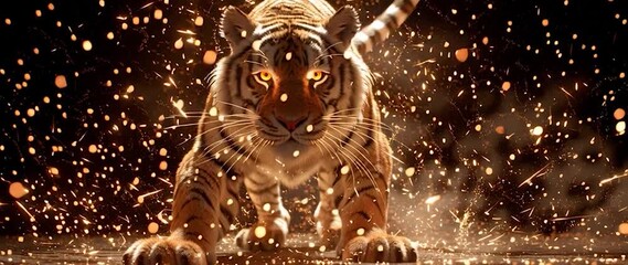 Anamorphic video majestic tiger growling fiercely, with its eyes glowing a fiery orange. Creating a sense of power, danger, and intense energy. 