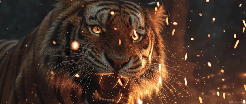 Anamorphic video majestic tiger growling fiercely, with its eyes glowing a fiery orange. Creating a sense of power, danger, and intense energy. 