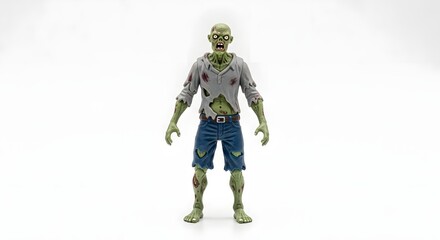 Fototapeta premium A standing zombie figure with torn clothes and green skin on a white background in a studio shot