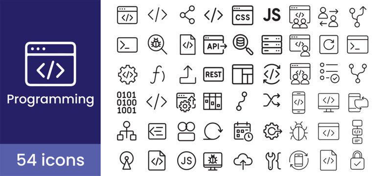 Programming and coding icon set with 54 line style illustrations including code, development, API, bug, database, function, binary, REST, JS, and dashboard symbols for software and web design