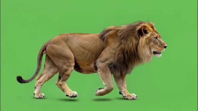 Majestic male lion walking with flowing mane isolated on green screen background