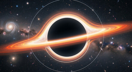 Vibrant orange accretion disk surrounds a dark black hole in deep space