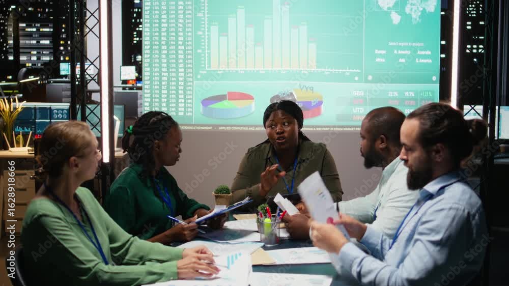 Poster multiethnic group of advisors reviewing data insights and financial situation on papers, preparing u