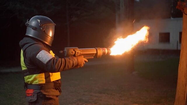 A person in full protective equipment operates a flamethrower, unleashing a torrent of bright orange flames into the dark.