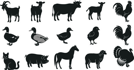 farm, animal, silhouette, vector, icon, livestock, black, cad, drawing, pig, cow, horse, duck, turkey, goat, farm animal, vector icon, silhouette set, cad drawing, black illustration