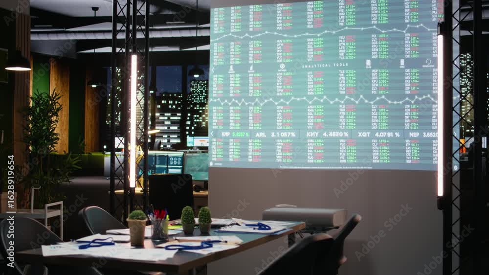 Poster empty boardroom waits with performance metrics and data projections on display in quiet dark office,