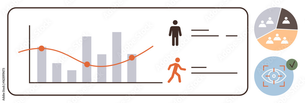 Poster bar and line graph, person icons, segmented pie chart, and target icon. ideal for business analytics