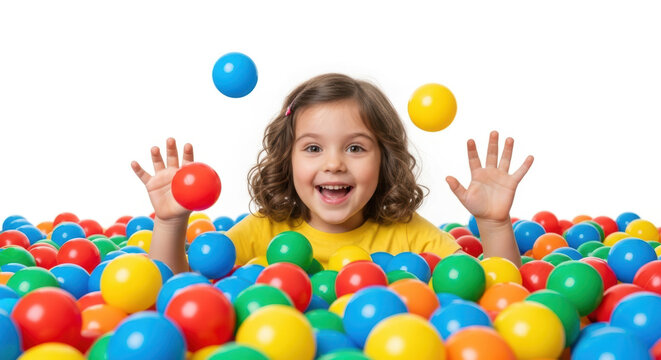 A cheerful girl playing in a ball pit with colorful balls and smiling with her hands raised up high