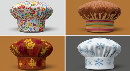 Four chef hats with various patterns