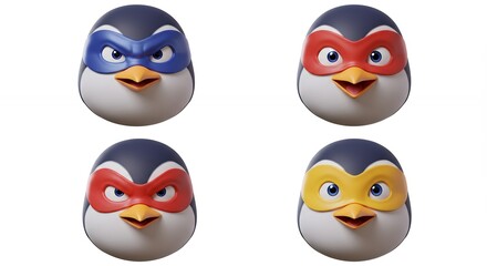Four colorful cartoon penguin masks