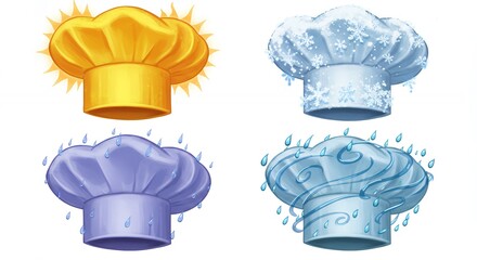 Four chef hats with weather effects