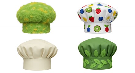 Four colorful chef hats
