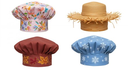 Four colorful hats isolated against white background