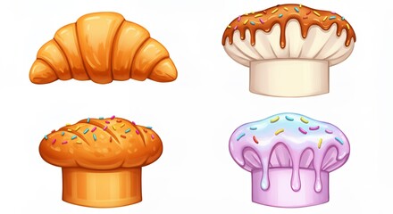Four illustrated baked goods against white background