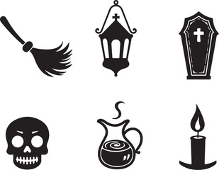 Spooky Halloween icons set including skull, coffin, candle, and broom