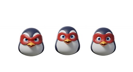 Three cartoon penguin heads with masks
