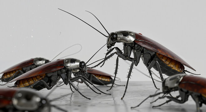    roaches cyborgs can penetrate structures and mechanisms without disassembling them white background