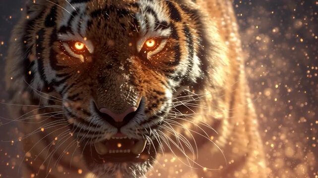 Majestic tiger growling fiercely, with its eyes glowing a fiery orange. Creating a sense of power, danger, and intense energy. 