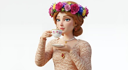 Woman in elegant dress and floral crown with teacup