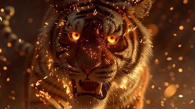 Majestic tiger growling fiercely, with its eyes glowing a fiery orange. Creating a sense of power, danger, and intense energy. 