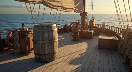 Naklejka premium Wooden ship deck at sunset