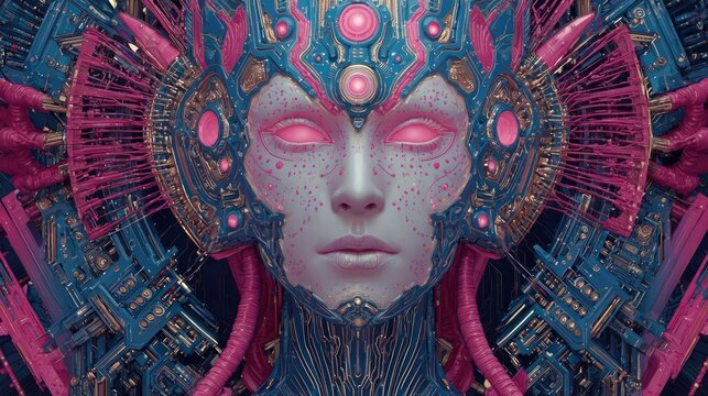 Sci-fi portrait of woman with intricate headpiece, pink eyes and mechanical details