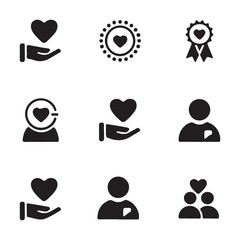 This heart icon set shows a group of diverse business people, including men and women, as black silhouette vector illustrations of their profile avatars