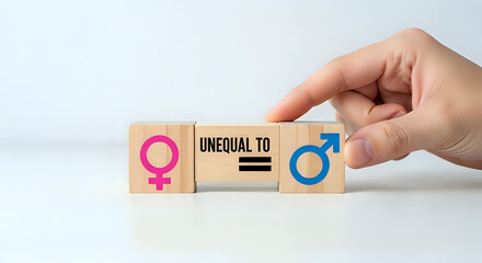 Gender inequality concept photo showing male and female symbols on wooden blocks unequal to each other