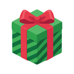 festive green gift box with red ribbon and dark green diagonal stripes vector illustration for celebration designs