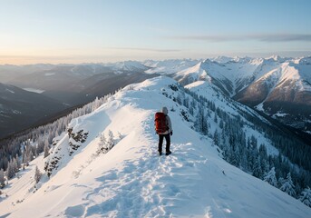 Adventurous hiker with red backpack enjoying stunning winter mountain landscape view during sunrise, inspiring travel and outdoor lifestyle campaigns