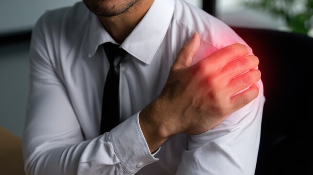 Businessman Suffering from Shoulder Pain in Modern Office Setting - Powered by Adobe